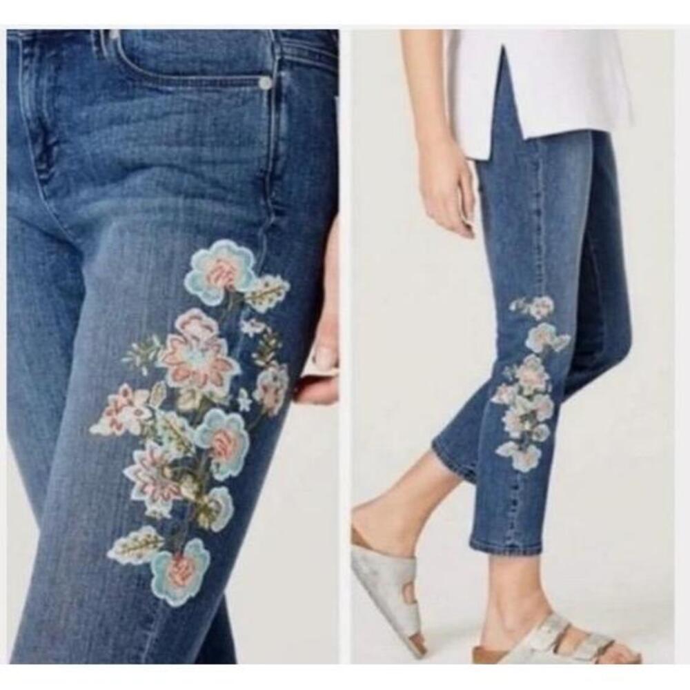 J.Jill Jeans Floral‎ Embroidery Boho  Cropped Size 4 Blue Denim Casual - Picture 2 of 11